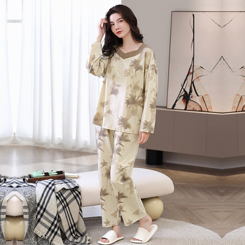 Γυναικεία πιτζάμα διπλής όψης από βαμβάκι με μακριά μανίκια και στρογγυλή λαιμόκοψη, τυπωμένη, άνετη, ανοιξιάτικη και φθινοπωρινή φόρμα για το σπίτι