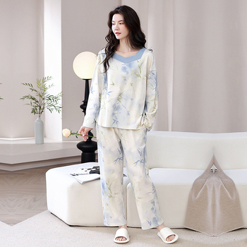 Γυναικεία πιτζάμα διπλής όψης από βαμβάκι με μακριά μανίκια και στρογγυλή λαιμόκοψη, τυπωμένη, άνετη, ανοιξιάτικη και φθινοπωρινή φόρμα για το σπίτι