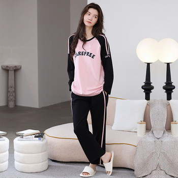 Γυναικεία πιτζάμα διπλής όψης από βαμβάκι με μακριά μανίκια και στρογγυλή λαιμόκοψη, τυπωμένη, άνετη, ανοιξιάτικη και φθινοπωρινή φόρμα για το σπίτι