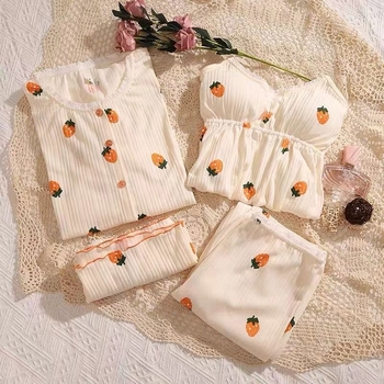 Γυναικείο σετ πιτζάμες Άνοιξη/Καλοκαίρι, τεσσάρων τεμαχίων, με φλοράλ στάμπα, μονόχρωμο, ριγέ mesh σε κόκκινο χρώμα με επένδυση στήθους, κατάλληλο για εξωτερικούς χώρους και σπίτι.