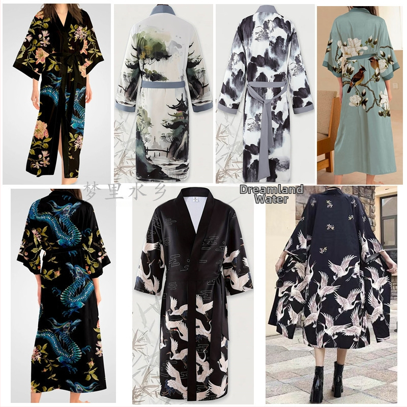 Novi prekogranični vanjskotrgovinski Harajuku otisnuti tintom krajolik dugi muški i ženski kaput s pojasom, pidžama, ogrtač, kardigan