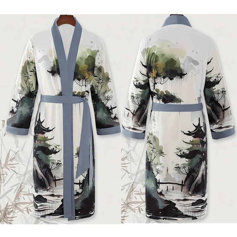 Novi prekogranični vanjskotrgovinski Harajuku otisnuti tintom krajolik dugi muški i ženski kaput s pojasom, pidžama, ogrtač, kardigan