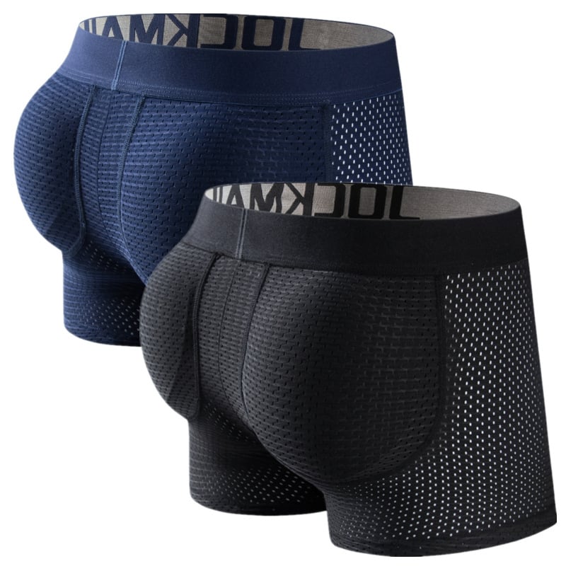 JOCKMAIL Plasă lungă pentru șolduri pentru bărbați, lenjerie intimă cu patru colțuri, burete căptușit, ridicare a șoldurilor, șold plin, unghi plat, fund fals