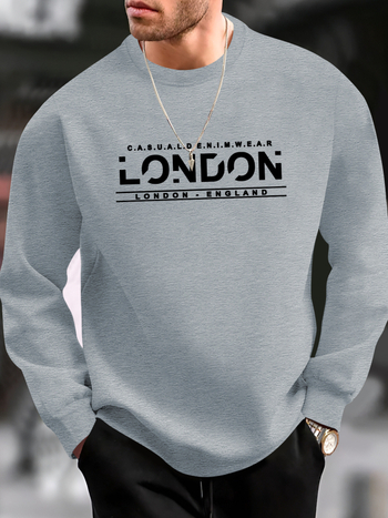 Мъжки ежедневен суитшърт с щампа Лондон - мек полиестер, кръгло деколте, еластична кройка