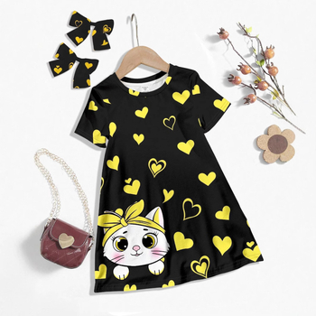 Παιδικό καλοκαιρινό φόρεμα με κοντό μανίκι, στρογγυλή λαιμόκοψη, κορίτσι, κινούμενα σχέδια, αγάπη, χαριτωμένο φόρεμα με ζωάκια GA03