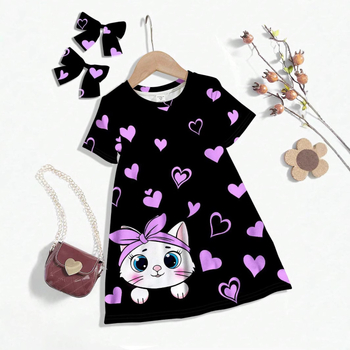 Παιδικό καλοκαιρινό φόρεμα με κοντό μανίκι, στρογγυλή λαιμόκοψη, κορίτσι, κινούμενα σχέδια, αγάπη, χαριτωμένο φόρεμα με ζωάκια GA03