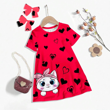 Παιδικό καλοκαιρινό φόρεμα με κοντό μανίκι, στρογγυλή λαιμόκοψη, κορίτσι, κινούμενα σχέδια, αγάπη, χαριτωμένο φόρεμα με ζωάκια GA03