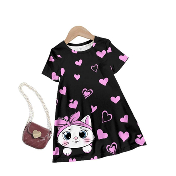 Παιδικό καλοκαιρινό φόρεμα με κοντό μανίκι, στρογγυλή λαιμόκοψη, κορίτσι, κινούμενα σχέδια, αγάπη, χαριτωμένο φόρεμα με ζωάκια GA03