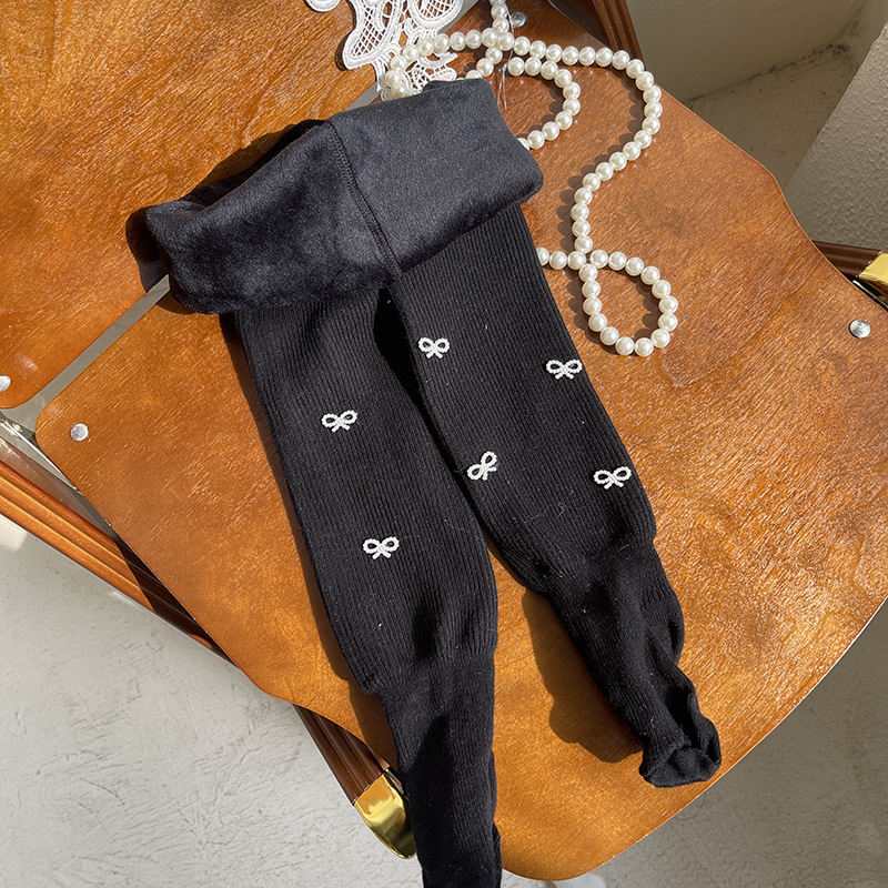 hotmoon Winter New Small Pearl Bow laste beebiõpilase fliisvoodriga paksendatud retuusid naistele