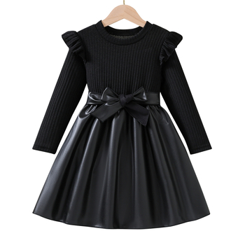 Μονόχρωμο κοριτσίστικο παντελόνι σε διασυνοριακό ευρωπαϊκό και αμερικανικό στυλ, στρογγυλή λαιμόκοψη, βολάν, μακρυμάνικο, ραφές στη μέση και ζώνη, σε στυλ ξένου στυλ.