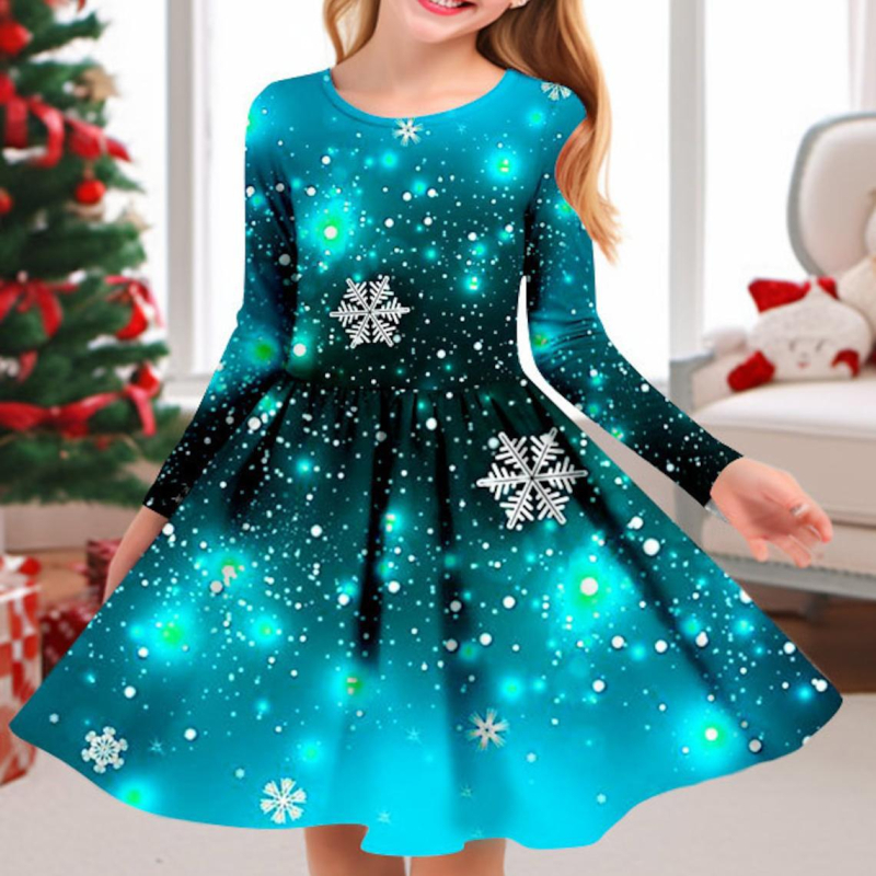 Meitenes garpiedurkņu kleita ar apaļu kakla izgriezumu, nejauša apdruka, ikdienas meitenes kleita