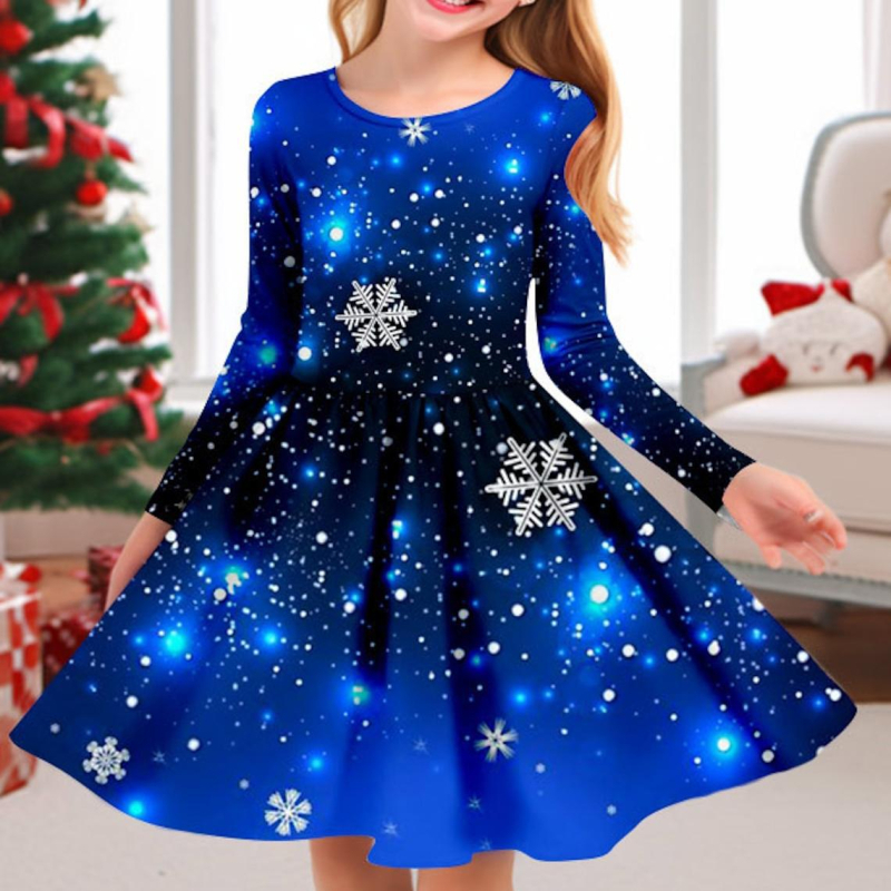 Meitenes garpiedurkņu kleita ar apaļu kakla izgriezumu, nejauša apdruka, ikdienas meitenes kleita