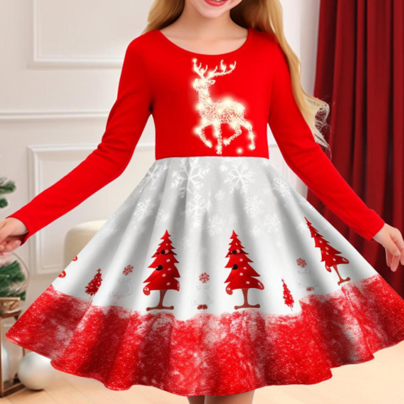 Meitenes garpiedurkņu kleita ar apaļu kakla izgriezumu, nejauša apdruka, ikdienas meitenes kleita