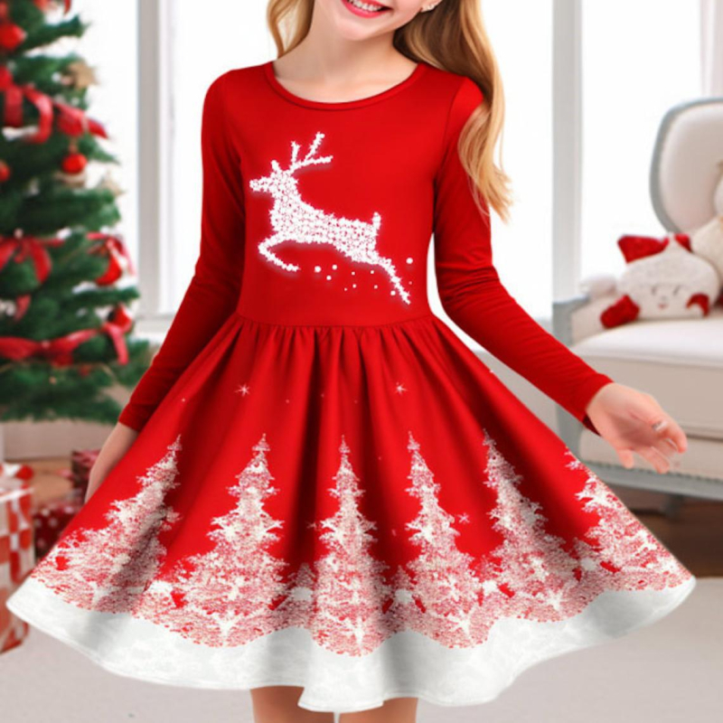 Meitenes garpiedurkņu kleita ar apaļu kakla izgriezumu, nejauša apdruka, ikdienas meitenes kleita