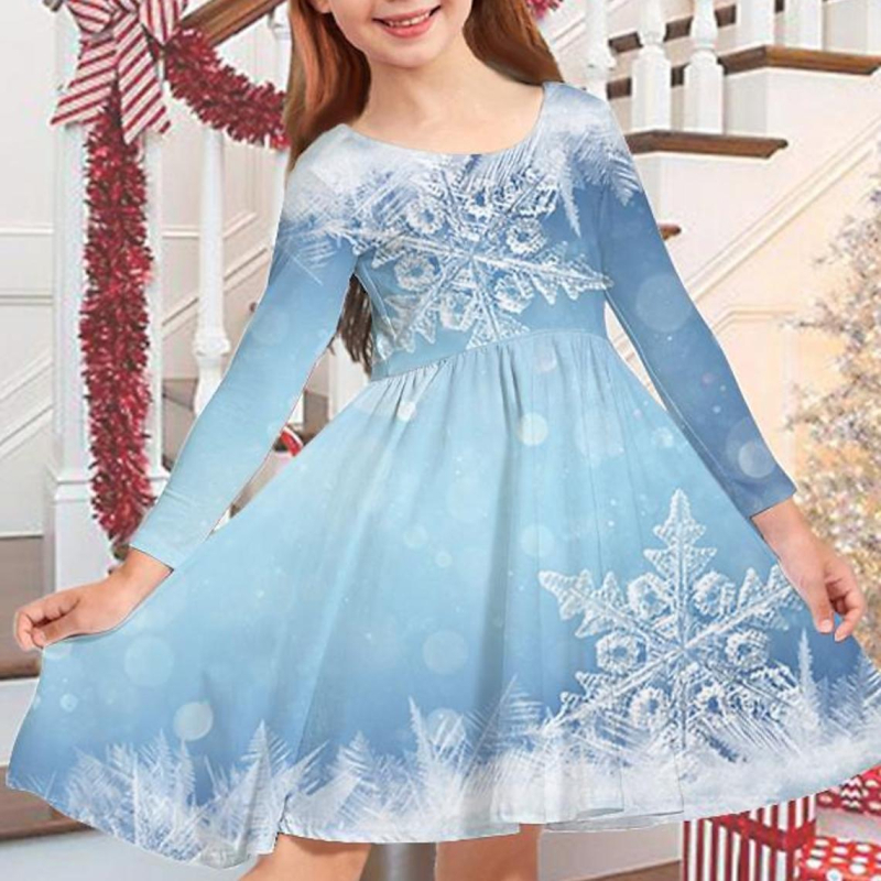 Meitenes garpiedurkņu kleita ar apaļu kakla izgriezumu, nejauša apdruka, ikdienas meitenes kleita