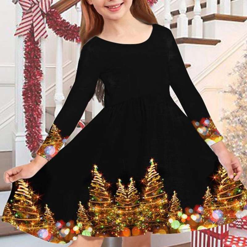 Meitenes garpiedurkņu kleita ar apaļu kakla izgriezumu, nejauša apdruka, ikdienas meitenes kleita