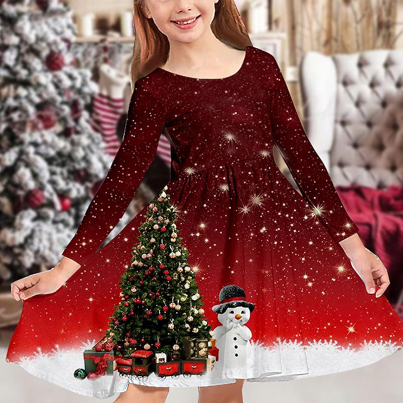 Meitenes garpiedurkņu kleita ar apaļu kakla izgriezumu, nejauša apdruka, ikdienas meitenes kleita