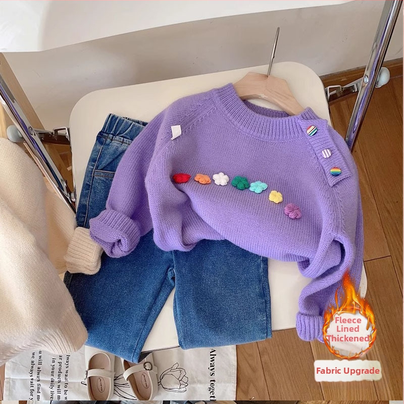 Tüdrukute paksendatud kampsun 2023. aasta sügis- ja talve naiste ümara kaelusega beebidele mõeldud laste riided laste ühevärviline kampsun lääne stiilis topp