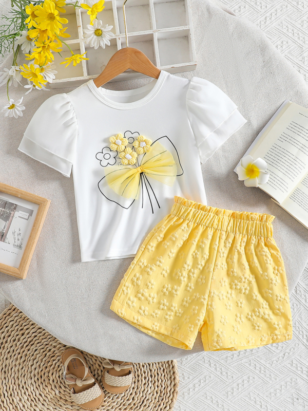 Odijelo od dvoslojnog šifona s kratkim rukavima i žakard efektom, trodimenzionalnim cvjetnim mrežastim uzorkom, okruglim izrezom i mašnom, s prekograničnim šavovima