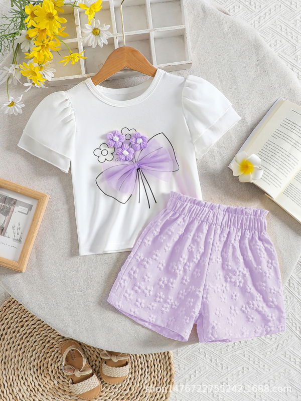 Odijelo od dvoslojnog šifona s kratkim rukavima i žakard efektom, trodimenzionalnim cvjetnim mrežastim uzorkom, okruglim izrezom i mašnom, s prekograničnim šavovima