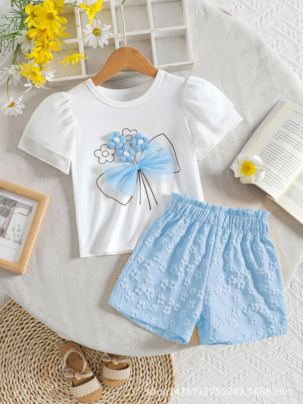 Odijelo od dvoslojnog šifona s kratkim rukavima i žakard efektom, trodimenzionalnim cvjetnim mrežastim uzorkom, okruglim izrezom i mašnom, s prekograničnim šavovima