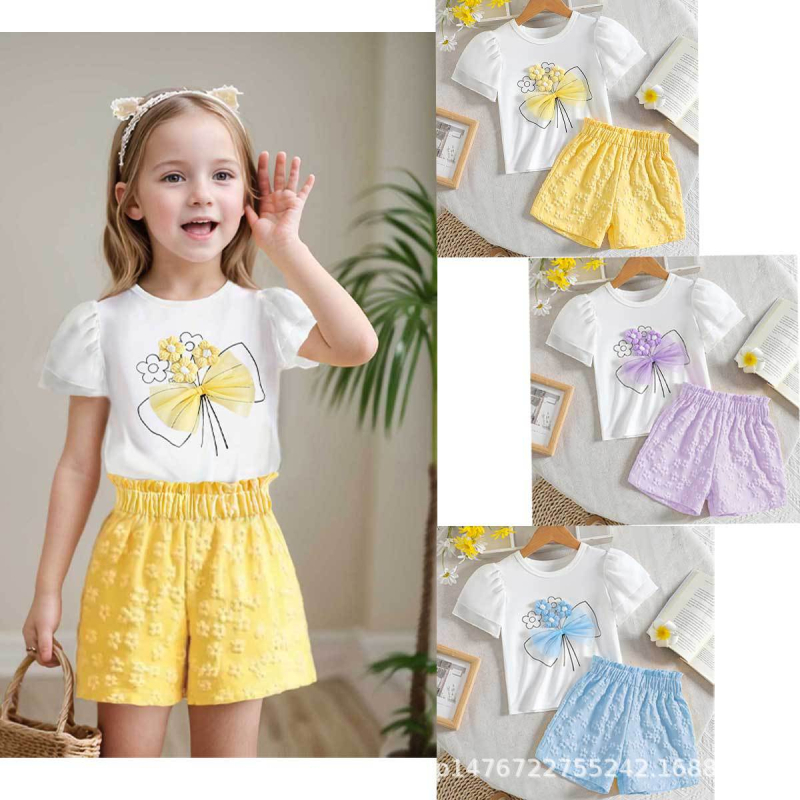 Odijelo od dvoslojnog šifona s kratkim rukavima i žakard efektom, trodimenzionalnim cvjetnim mrežastim uzorkom, okruglim izrezom i mašnom, s prekograničnim šavovima