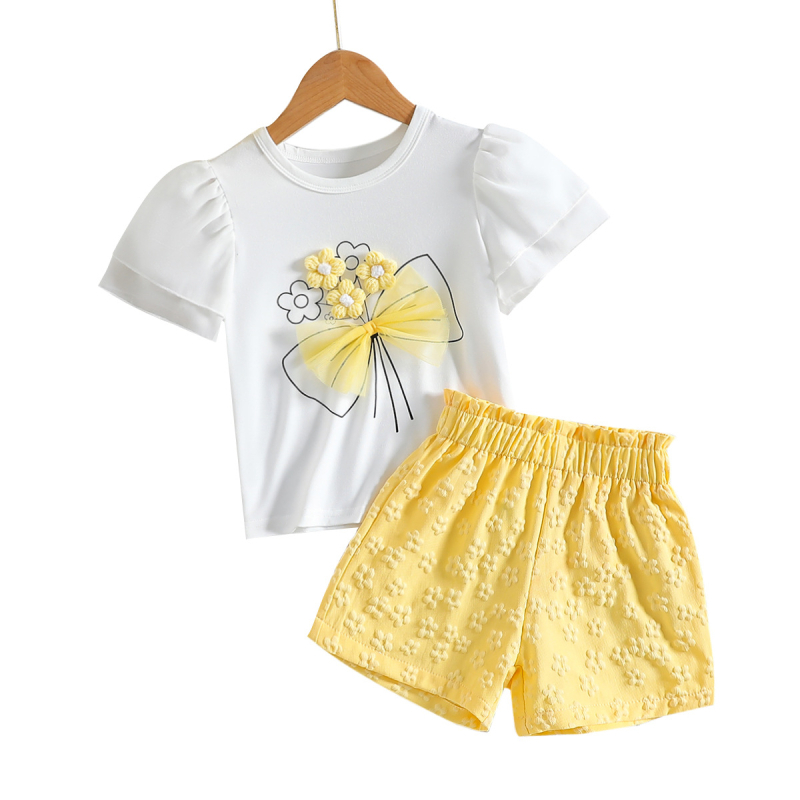 Odijelo od dvoslojnog šifona s kratkim rukavima i žakard efektom, trodimenzionalnim cvjetnim mrežastim uzorkom, okruglim izrezom i mašnom, s prekograničnim šavovima