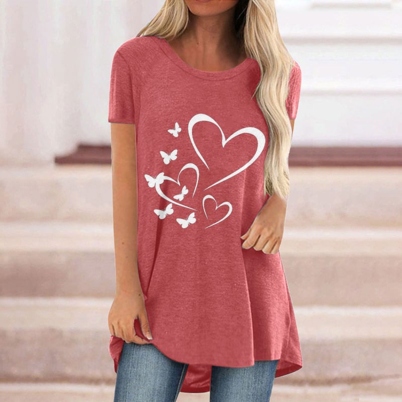 Tricou de vară cu fluture, imprimat casual, cu mânecă scurtă, cu guler rotund, de lungime medie, pentru femei, Amazon Wish