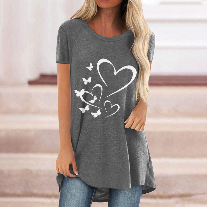 Tricou de vară cu fluture, imprimat casual, cu mânecă scurtă, cu guler rotund, de lungime medie, pentru femei, Amazon Wish