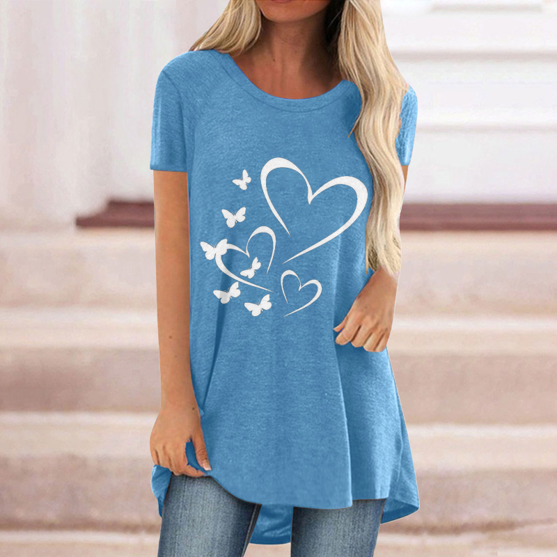 Tricou de vară cu fluture, imprimat casual, cu mânecă scurtă, cu guler rotund, de lungime medie, pentru femei, Amazon Wish