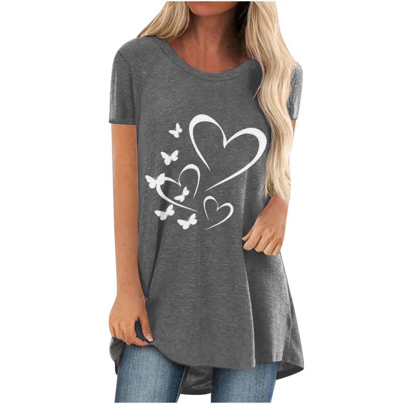 Tricou de vară cu fluture, imprimat casual, cu mânecă scurtă, cu guler rotund, de lungime medie, pentru femei, Amazon Wish