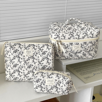 Ασπρόμαυρη και φλοράλ τσάντα καλλυντικών σε γαλλικό στιλ, υψηλής αξίας, φορητή τσάντα ταξιδιού με όλα τα πινέλα καλλυντικών, φορητή τσάντα τουαλέτας για αποθήκευση