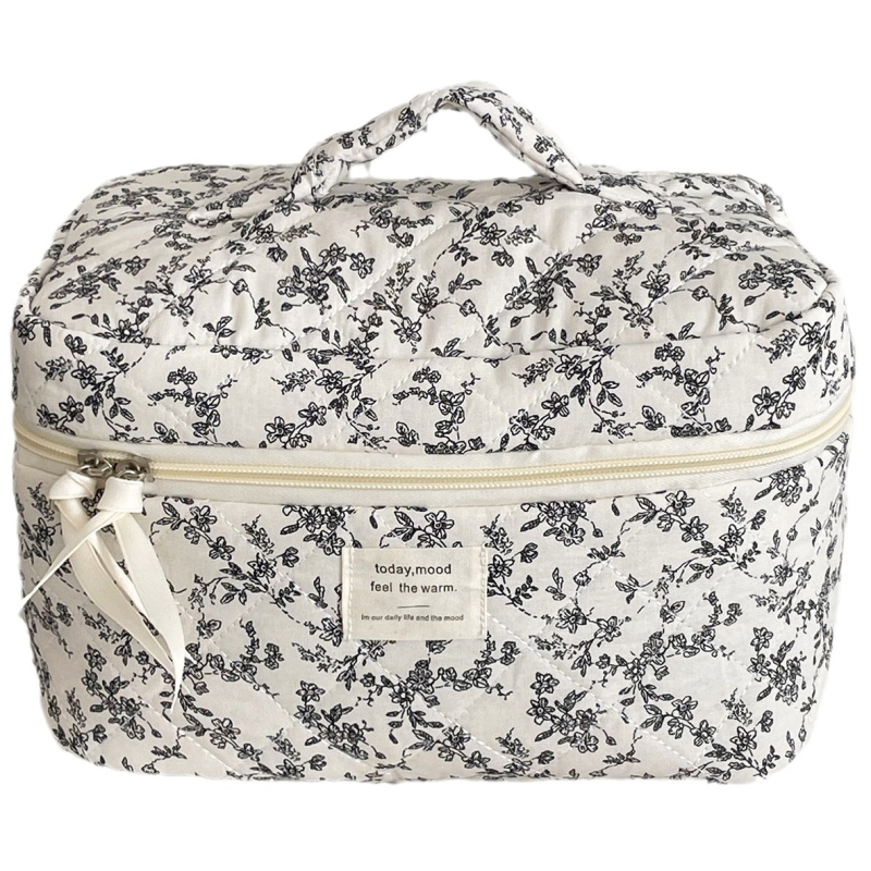 Ασπρόμαυρη και φλοράλ τσάντα καλλυντικών σε γαλλικό στιλ, υψηλής αξίας, φορητή τσάντα ταξιδιού με όλα τα πινέλα καλλυντικών, φορητή τσάντα τουαλέτας για αποθήκευση