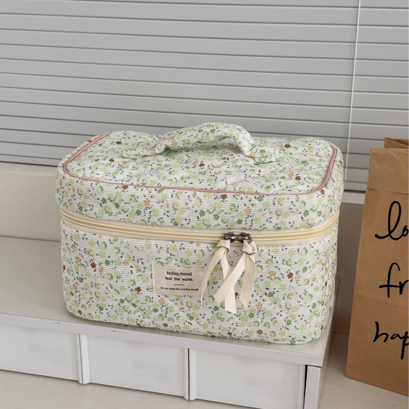 „Crossborder Spring“ maža, gaivi, velveto, gėlių rašto, žalia kosmetikos rankinė, didelė talpa, kelioninis nešiojamas kosmetikos reikmenų laikymo krepšys