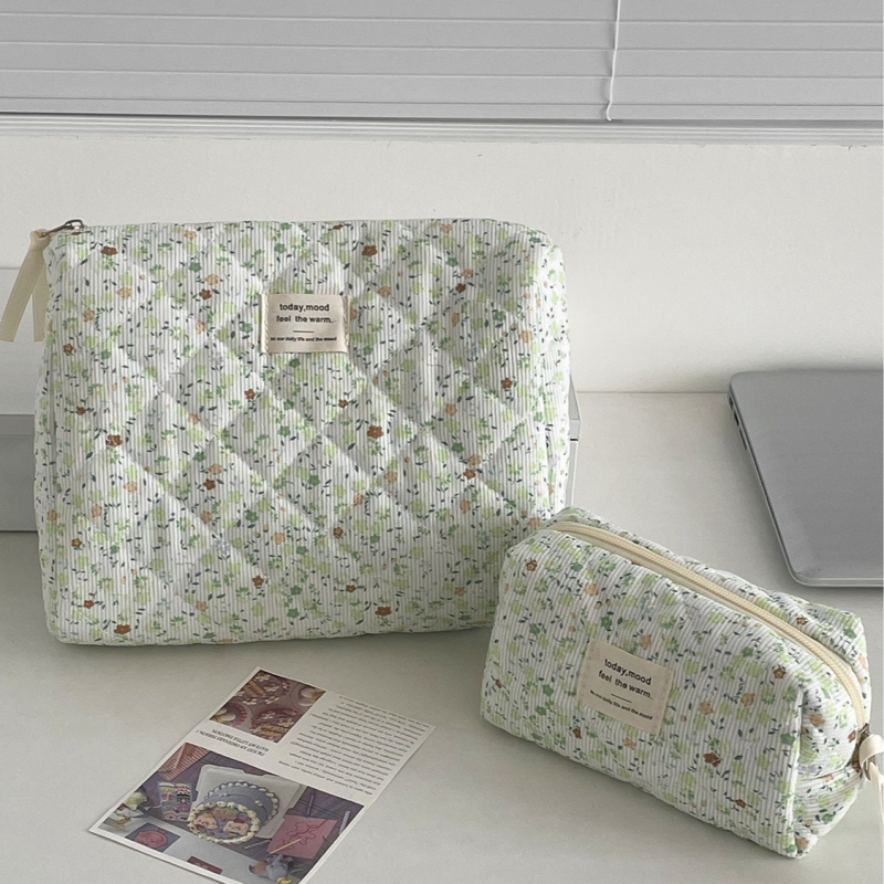 „Crossborder Spring“ maža, gaivi, velveto, gėlių rašto, žalia kosmetikos rankinė, didelė talpa, kelioninis nešiojamas kosmetikos reikmenų laikymo krepšys
