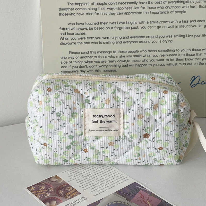 „Crossborder Spring“ maža, gaivi, velveto, gėlių rašto, žalia kosmetikos rankinė, didelė talpa, kelioninis nešiojamas kosmetikos reikmenų laikymo krepšys