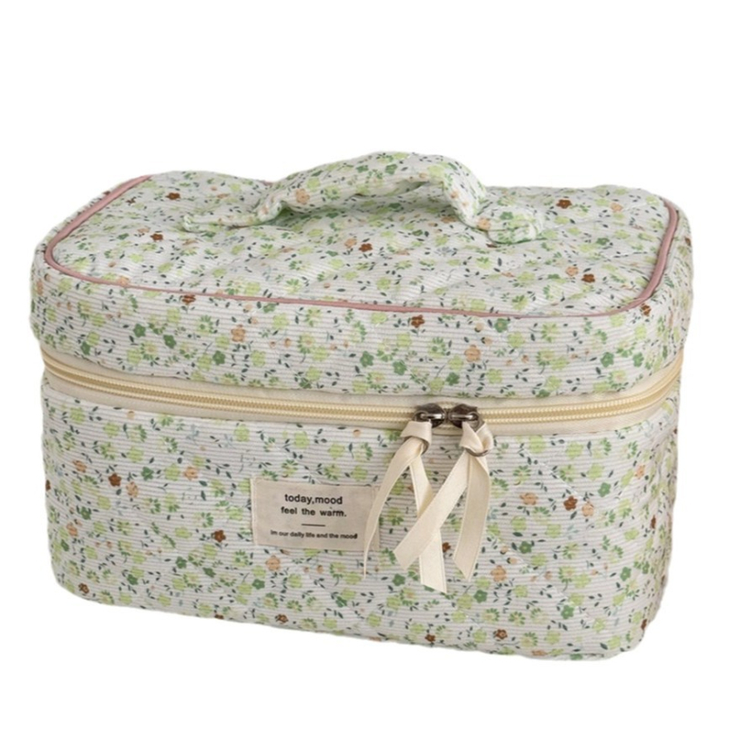 „Crossborder Spring“ maža, gaivi, velveto, gėlių rašto, žalia kosmetikos rankinė, didelė talpa, kelioninis nešiojamas kosmetikos reikmenų laikymo krepšys