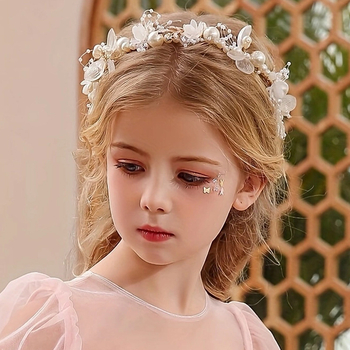 Super fėjos baltų lapų galvos juosta, gėlių vainikas, perlų plaukų juosta, nuotakos karūna, saldi europietiško stiliaus vestuvinė suknelė, vaikiški galvos apdangalai