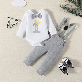 Σετ δύο τεμαχίων βαμβακερού κοστουμιού για αγόρια από Ευρώπη και Αμερική για 1 έτος, με εκτύπωση ενός γράμματος και παπιγιόν γενεθλίων