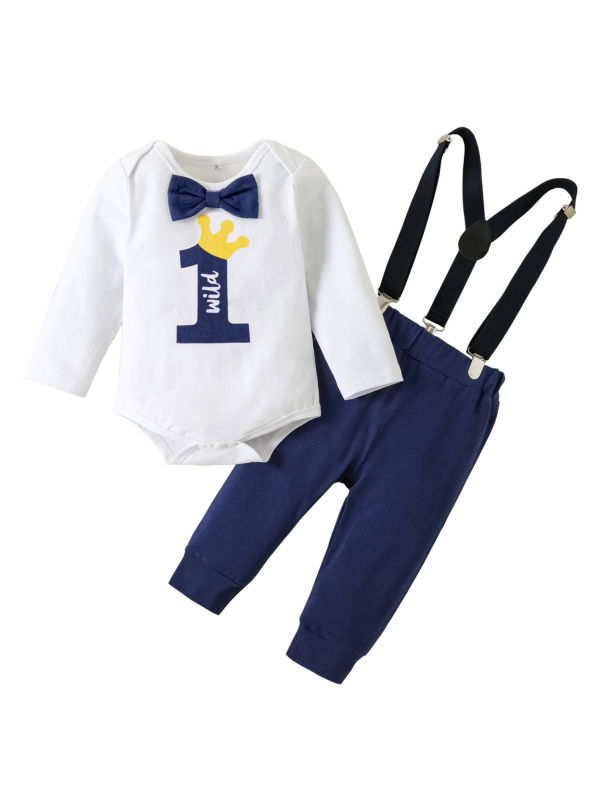 Dvodijelni set odijela za dječaka s leptir-mašnom za europske i američke bebe, za 1 godinu, s printom JEDNOG slova i uzorkom.
