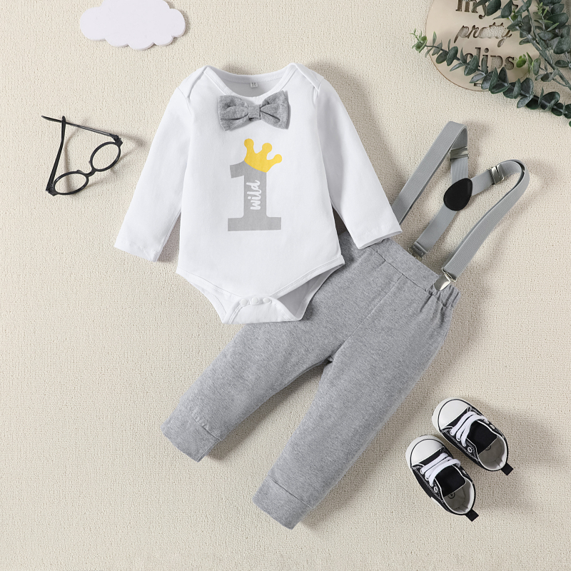 Dvodijelni set odijela za dječaka s leptir-mašnom za europske i američke bebe, za 1 godinu, s printom JEDNOG slova i uzorkom.