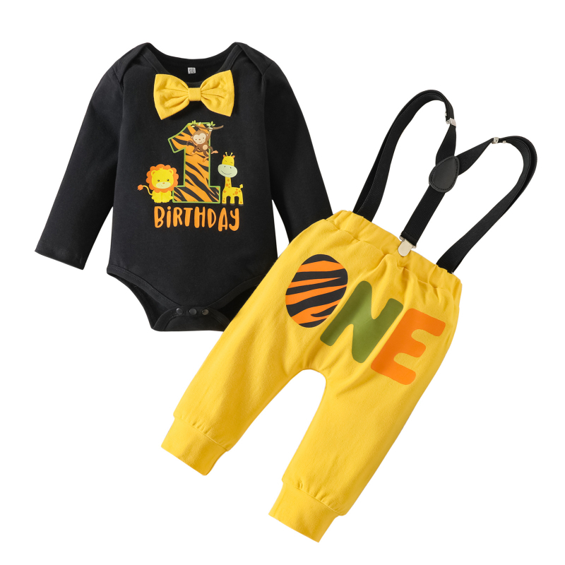 Dvodijelni set odijela za dječaka s leptir-mašnom za europske i američke bebe, za 1 godinu, s printom JEDNOG slova i uzorkom.