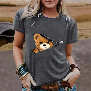 Tricou de damă cu mânecă scurtă, guler rotund, cu imprimeu de urs, cu fermoar transfrontalier european și american, Amazon