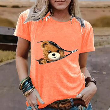 Tricou de damă cu mânecă scurtă, guler rotund, cu imprimeu de urs, cu fermoar transfrontalier european și american, Amazon