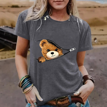 Tricou de damă cu mânecă scurtă, guler rotund, cu imprimeu de urs, cu fermoar transfrontalier european și american, Amazon