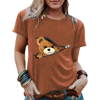 Tricou de damă cu mânecă scurtă, guler rotund, cu imprimeu de urs, cu fermoar transfrontalier european și american, Amazon
