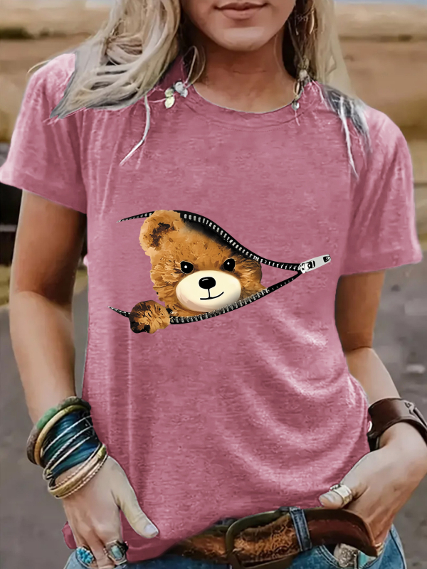 Tricou de damă cu mânecă scurtă, guler rotund, cu imprimeu de urs, cu fermoar transfrontalier european și american, Amazon