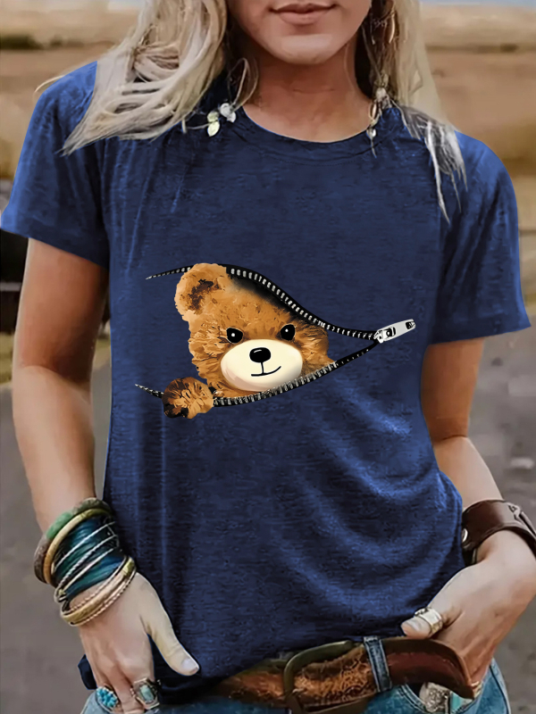 Tricou de damă cu mânecă scurtă, guler rotund, cu imprimeu de urs, cu fermoar transfrontalier european și american, Amazon