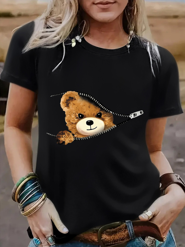 Tricou de damă cu mânecă scurtă, guler rotund, cu imprimeu de urs, cu fermoar transfrontalier european și american, Amazon