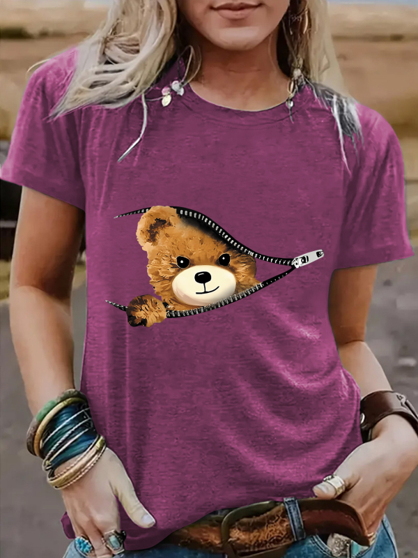 Tricou de damă cu mânecă scurtă, guler rotund, cu imprimeu de urs, cu fermoar transfrontalier european și american, Amazon